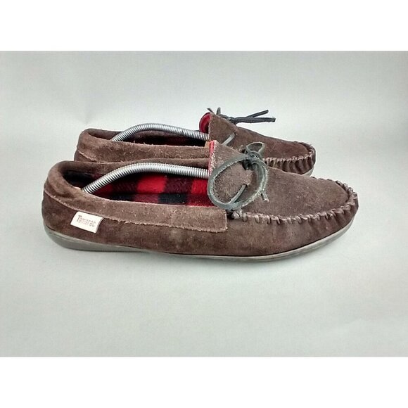 Tamarac Moccasin Slippers Mens Leather Size 11 Buffalo Plaid Flannel Lined Brown - Picture 1 of 9